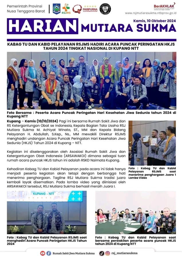 KABAG TU DAN KABID PELAYANAN RSJMS HADIRI ACARA PUNCAK PERINGATAN HKJS TAHUN 2024 TINGKAT NASIONAL DI KUPANG NTT